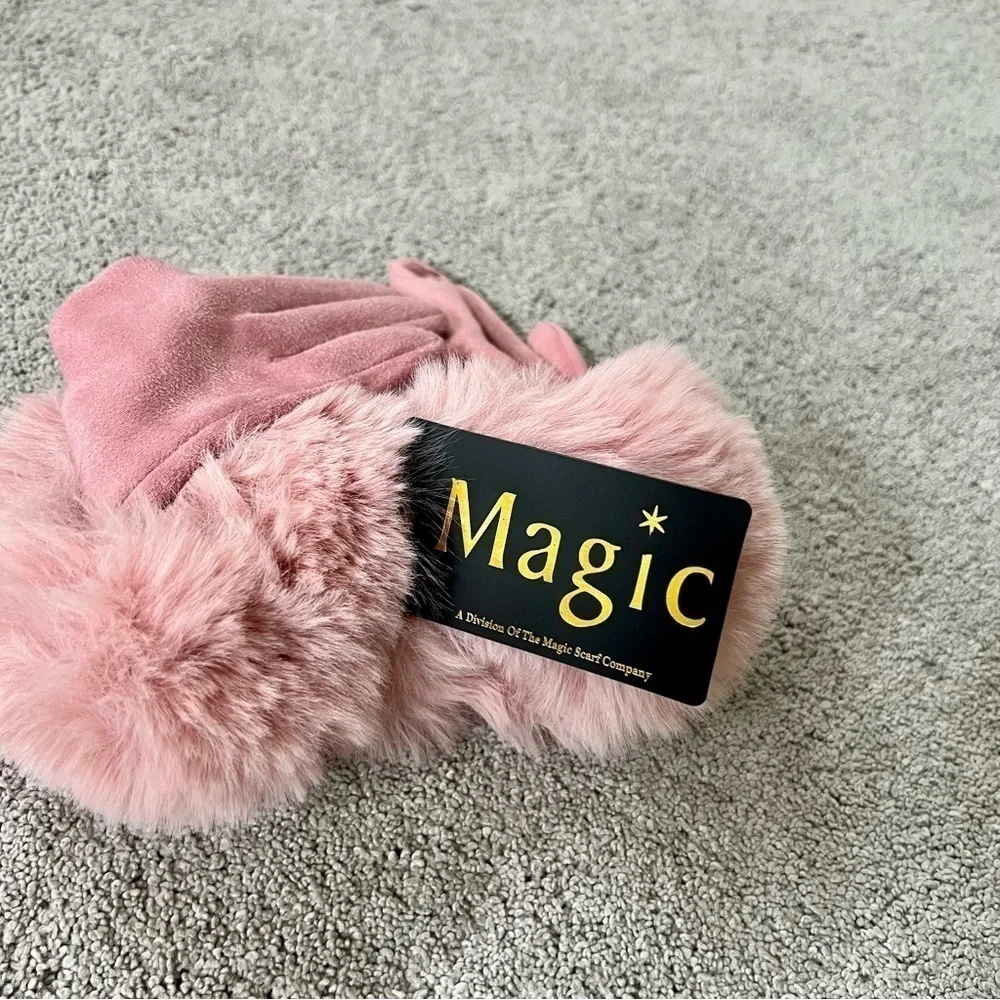 Super-Soft Faux Suede Pink Gloves Faux Rabbit Fur Tech Touch Fingers Size S